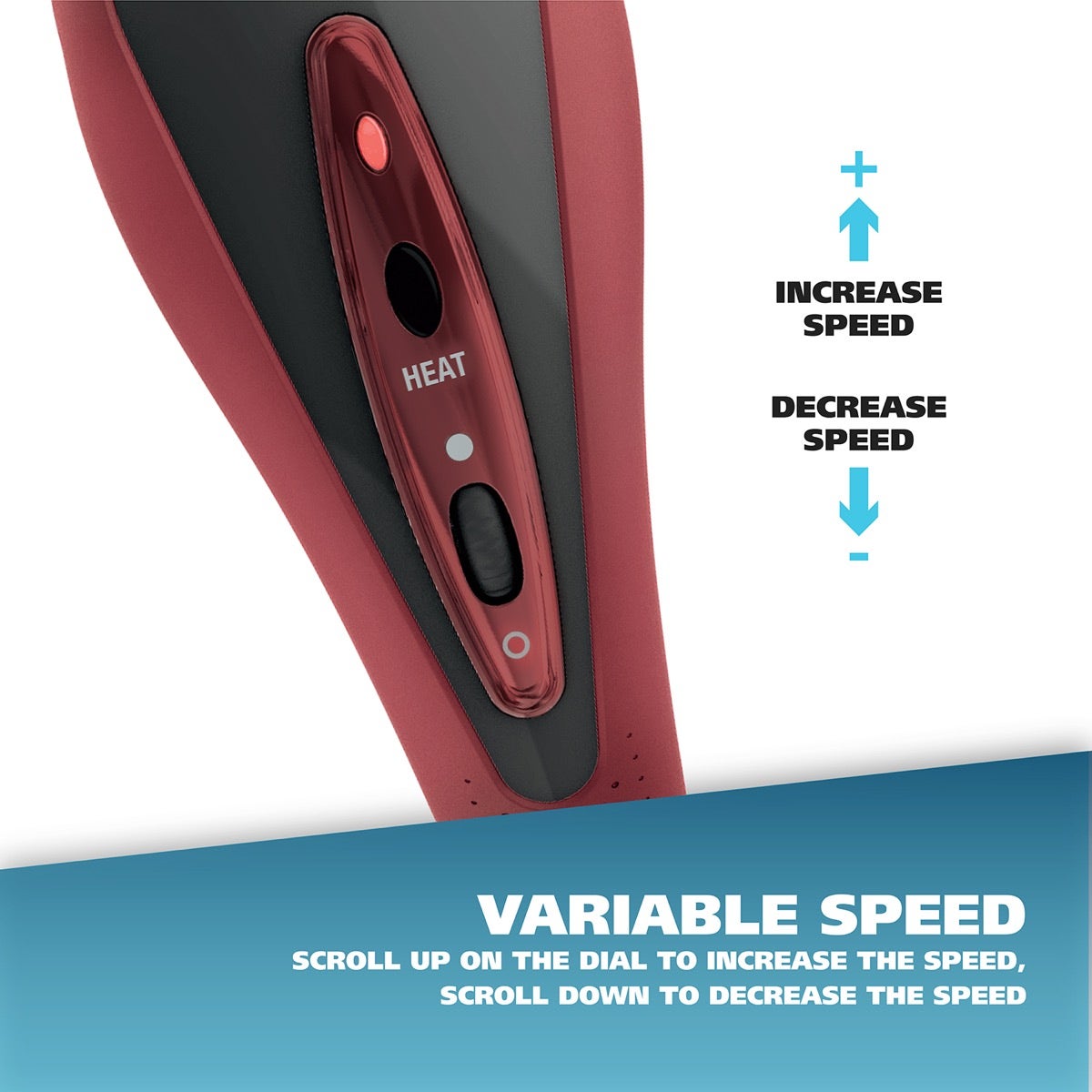 Ergonomic handle showcasing variable speed dial and heat toggle